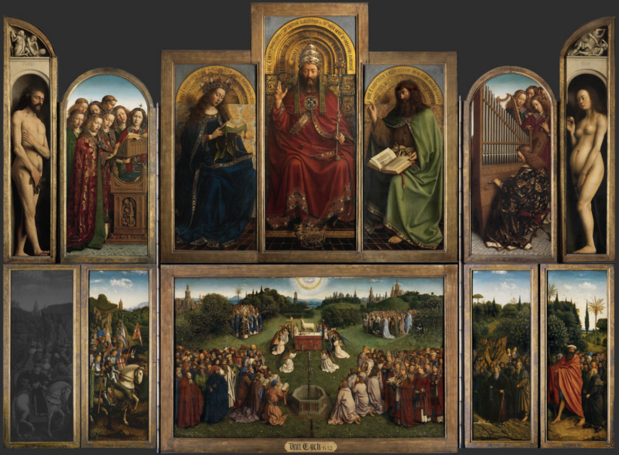 Jan van Eyck, Ghent Altarpiece (open), completed 1432, oil on wood, 11 feet 5 inches x 15 feet 1 inches (open), Saint Bavo Cathedral, Ghent, Belgium. Note: Just Judges panel on the lower left is a modern copy (photo: Closer to Van Eyck)